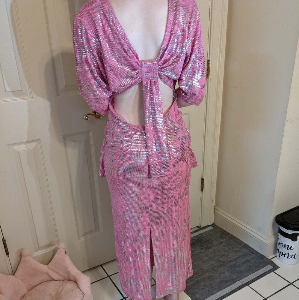 Janine EUC designer formal floral dress medium pink silver